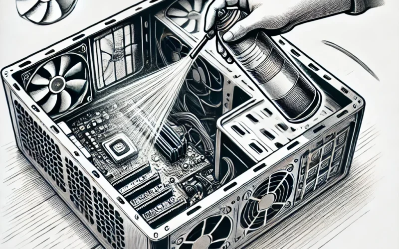 Illustration montrant le processus de dépoussiérage d'une unité centrale, avec un utilisateur nettoyant les composants internes à l'aide d'une bombe à air comprimé.