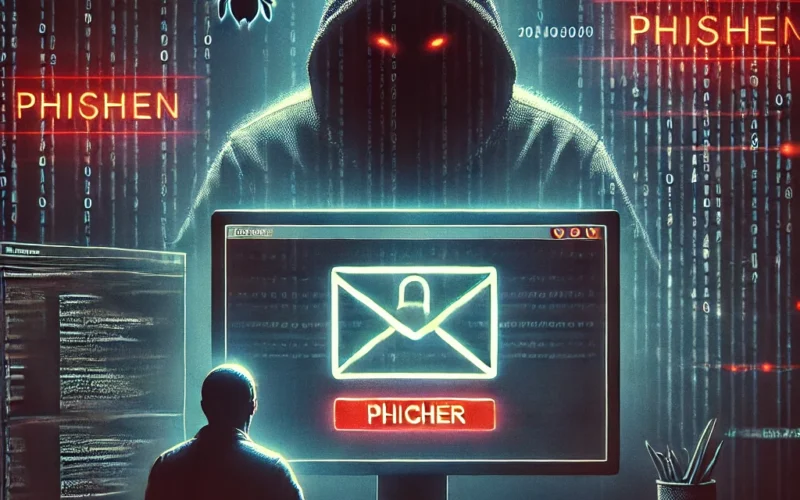 Illustration sur le phishing en ligne montrant un hacker tentant de dérober des informations sensibles par un faux email.