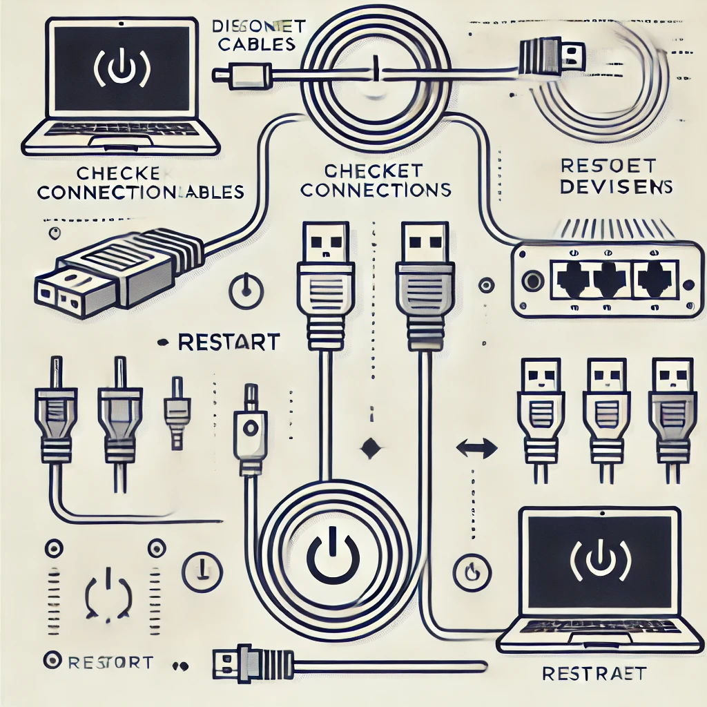 Illustration de la vérification des câbles et du redémarrage en cas de panne informatique.